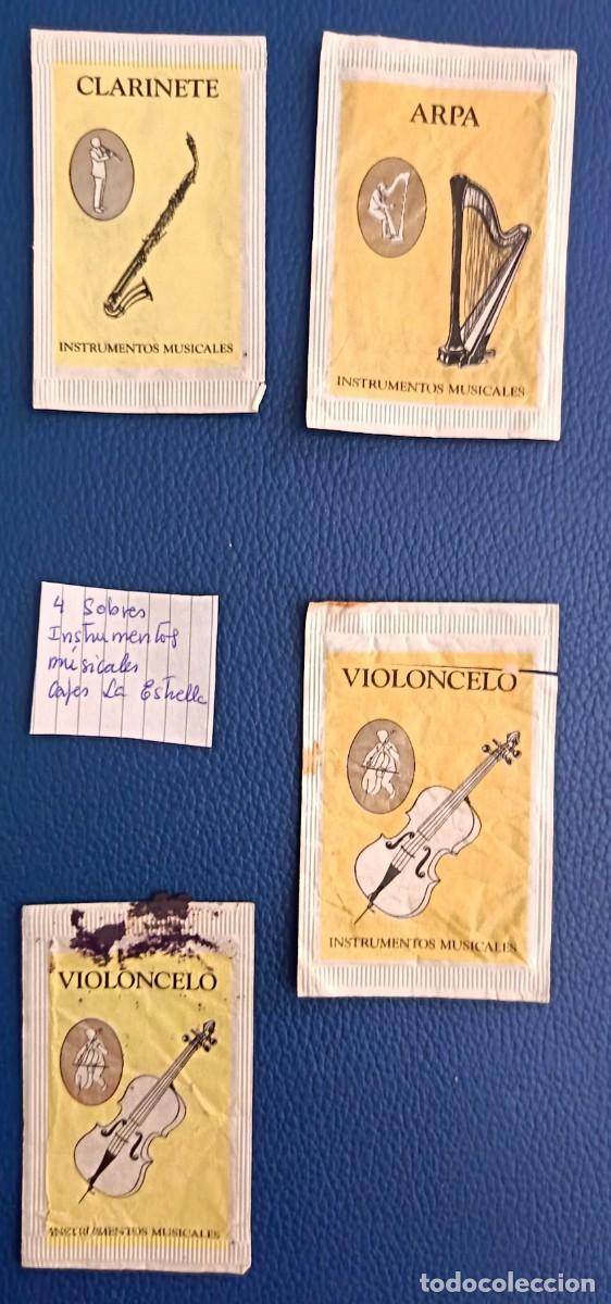 Sobres de az&uacute;car de colecci&oacute;n: 4 Sobres de azucar. 4 Instrumentos musicales. Cafes la Estrella.