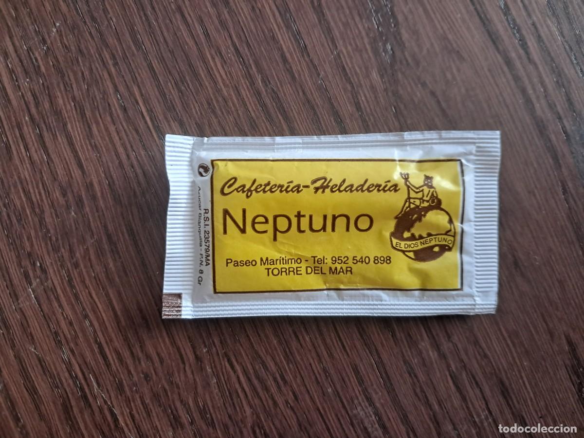 Pacotes de A&ccedil;&uacute;car de cole&ccedil;&atilde;o: sobre de az&uacute;car vac&iacute;o publicitario, cafeter&iacute;a helader&iacute;a Neptuno-Zeus, Torre de Mar, M&aacute;laga.