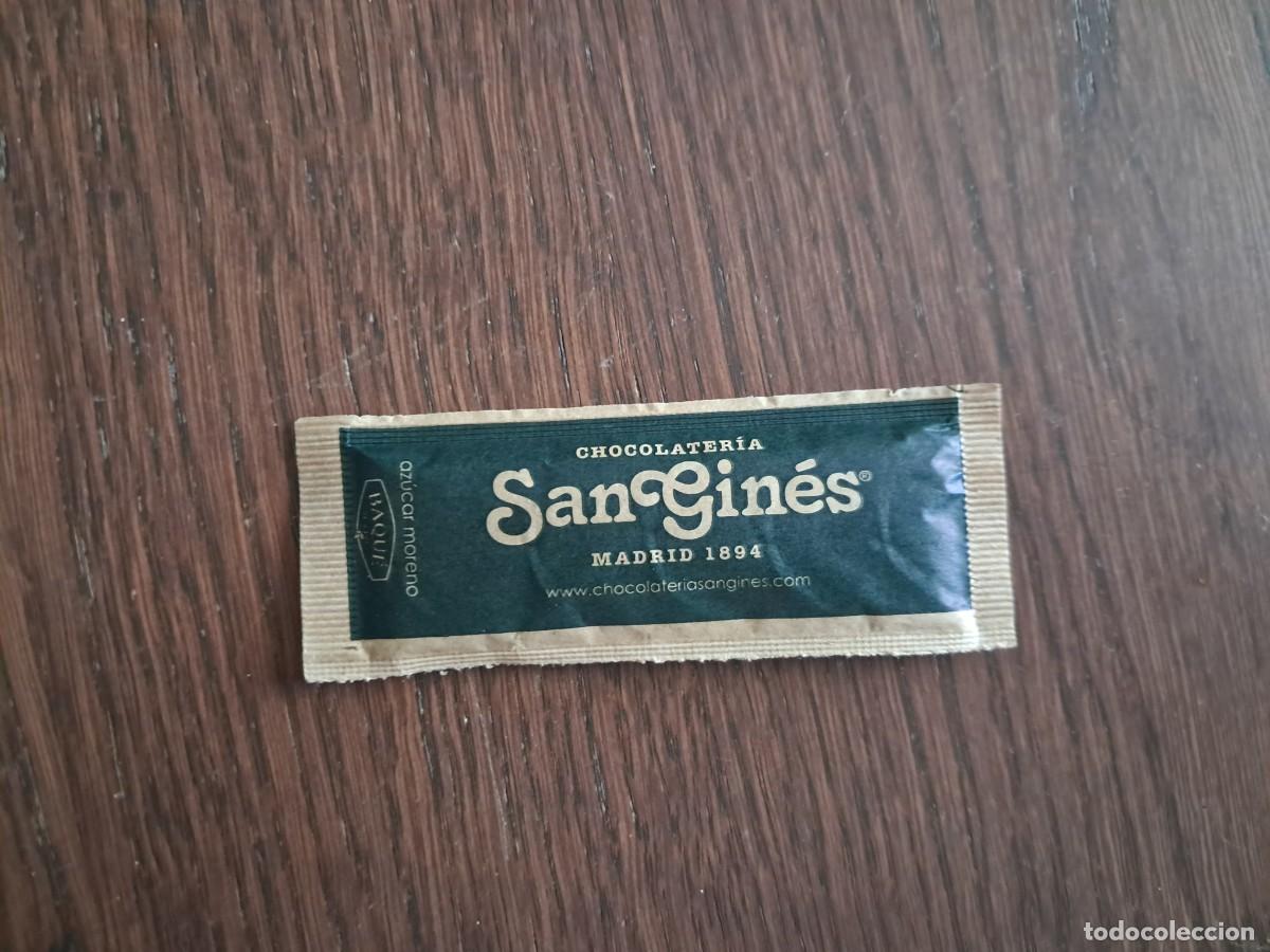 Sachets de sucre de collection: sobre de az&uacute;car vac&iacute;o publicitario, chocolater&iacute;a SanGin&eacute;s, Madrid. az&uacute;car moreno.