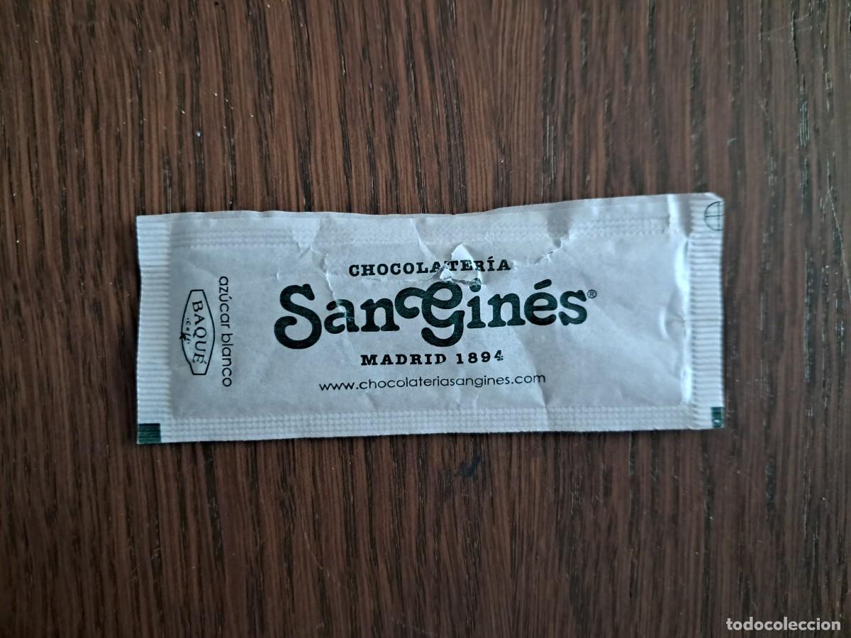 Sachets de sucre de collection: sobre de az&uacute;car vac&iacute;o publicitario, chocolater&iacute;a SanGin&eacute;s, Madrid.