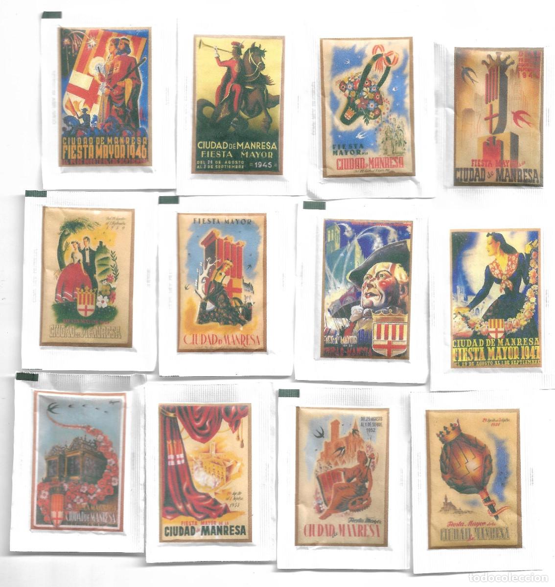 Sobres de az&uacute;car de colecci&oacute;n: CARTELLS FESTA MAJOR MANRESA 1943-54, 12 SOBRES AZ&Uacute;CAR, AMICS COL&middot;LECCIONISTES BAGES, 2017 TROBADA.