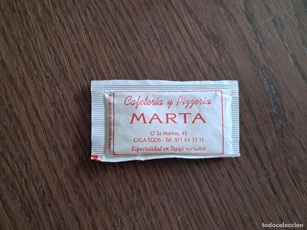 Pacotes de A&ccedil;&uacute;car de cole&ccedil;&atilde;o: sobre de az&uacute;car vac&iacute;o publicitario, cafeter&iacute;a y pizzer&iacute;a Marta, Cala Egos, Mallorca.