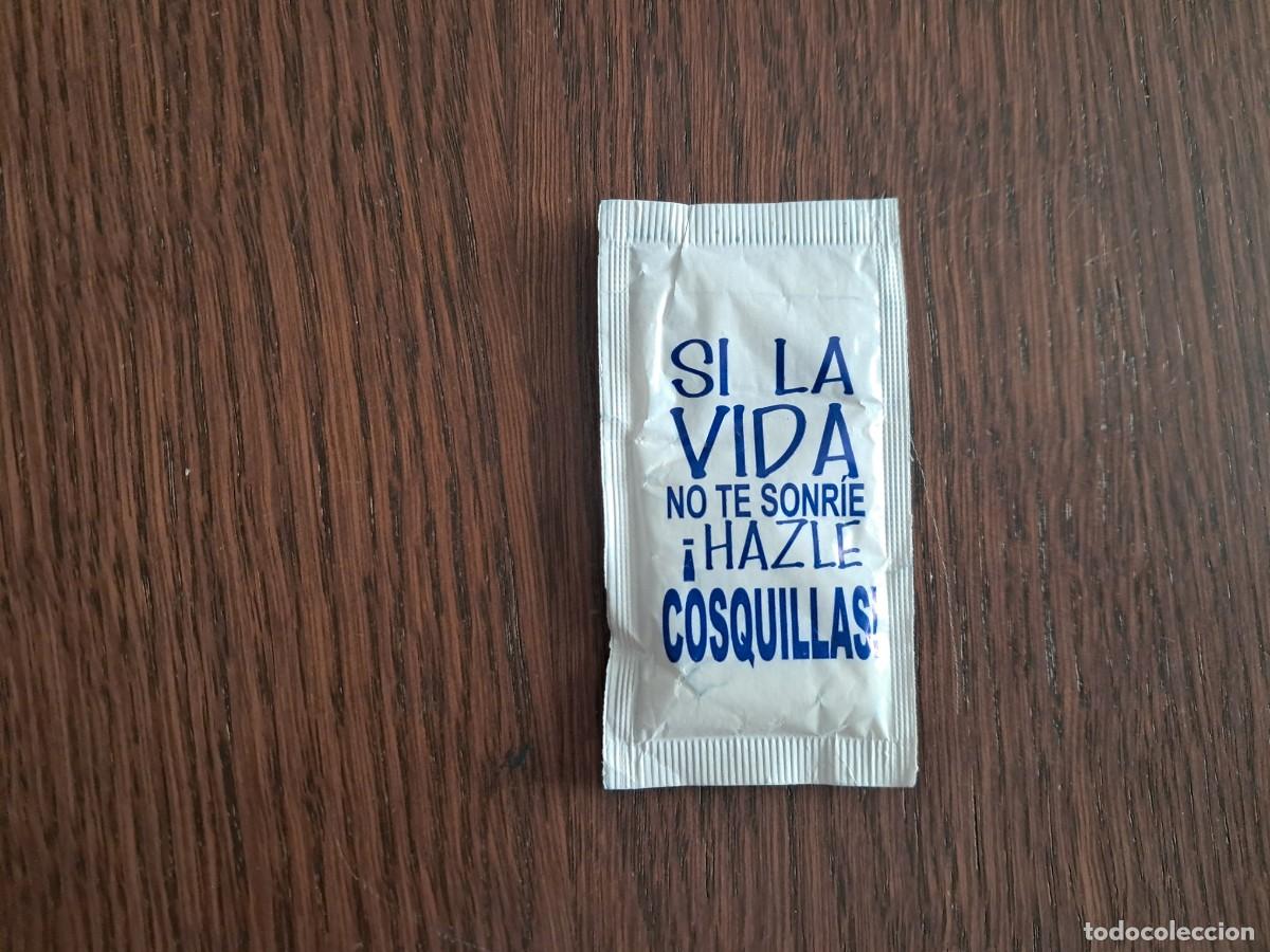 Sobres de az&uacute;car de colecci&oacute;n: sobre de az&uacute;car vac&iacute;o publicitario, az&uacute;car, con frase al dorso.