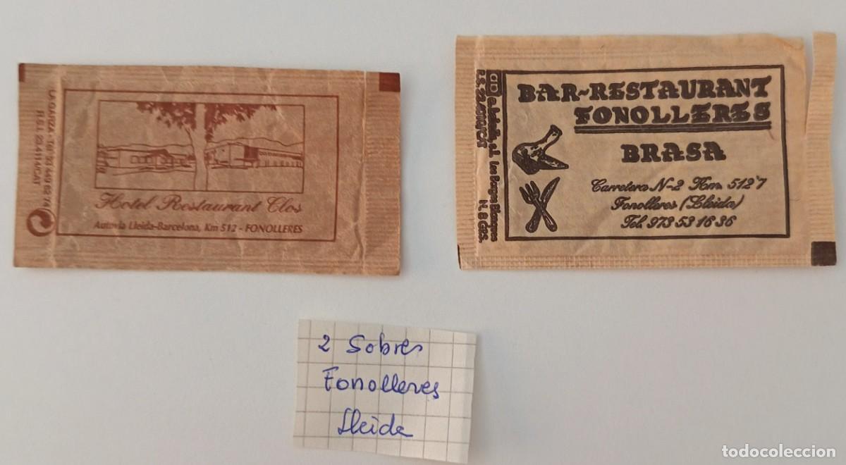 Sammlung von Zuckerbeuteln: Sobres de azucar. 2 Sobres de azucar. Fonolleres. Lleida.