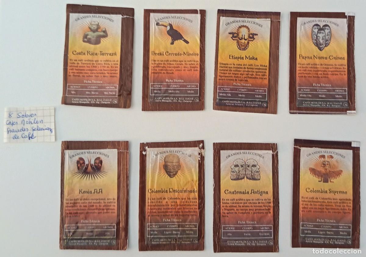 Sobres de az&uacute;car de colecci&oacute;n: Sobres de azucar. 8 Sobres de azucar. Cafes Motilon. Grandes selecciones de cafe.