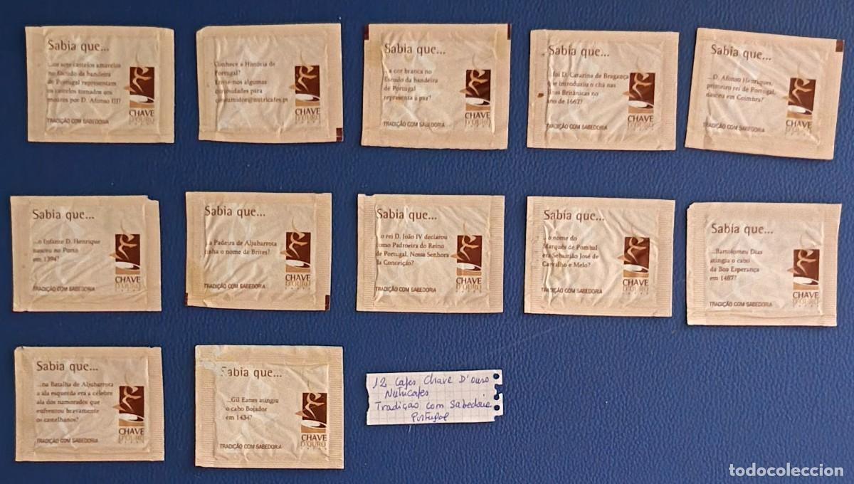 Sobres de az&uacute;car de colecci&oacute;n: Sobres de azucar. 12 Sobres de azucar. Chave D'ouro. Nutricafes. Tradi&ccedil;ao com sabedoria. Portugal.
