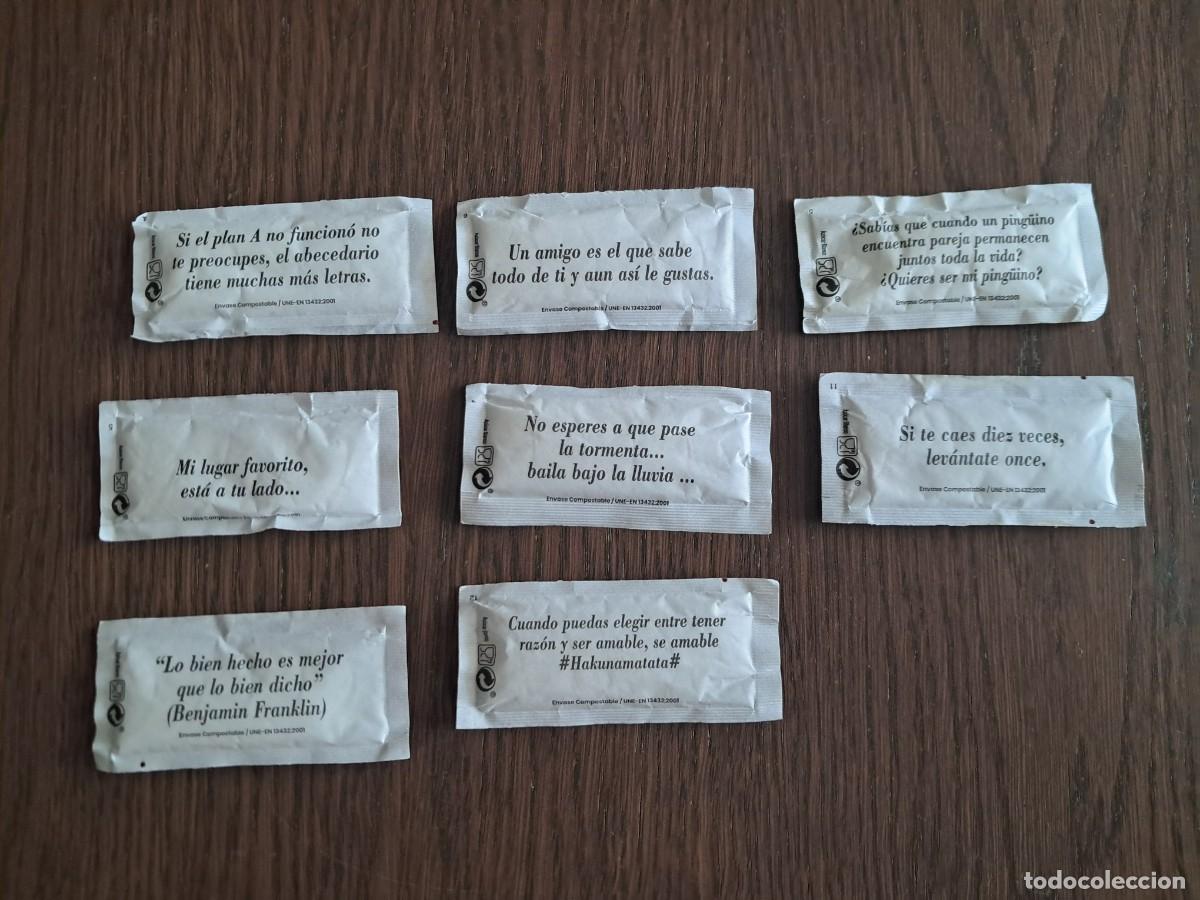 Sobres de az&uacute;car de colecci&oacute;n: lote de 8 sobrecitos de az&uacute;car vac&iacute;os, grupo DDI, con frases, refranes, al dorso...