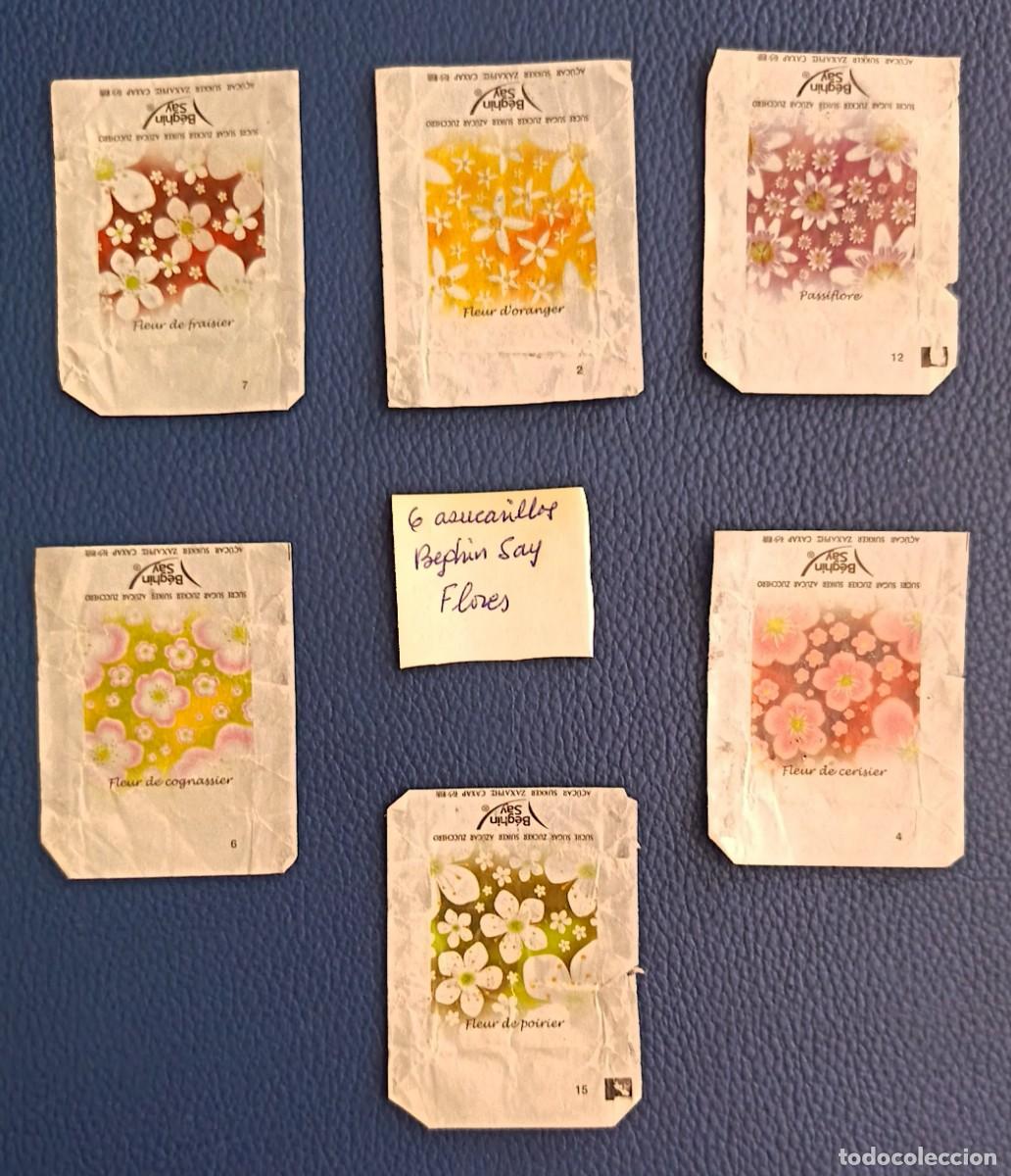 Sobres de az&uacute;car de colecci&oacute;n: Sobres de azucar. 6 Azucarillos. Beghin Say. Flores.