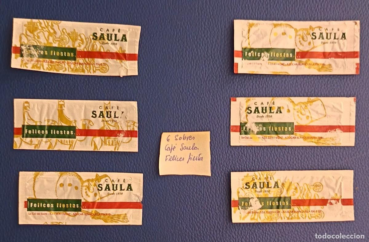 Sobres de az&uacute;car de colecci&oacute;n: Sobres de azucar. 6 Sobres de azucar. Cafes Saula. Felices Fiestas. C.C. 2008.
