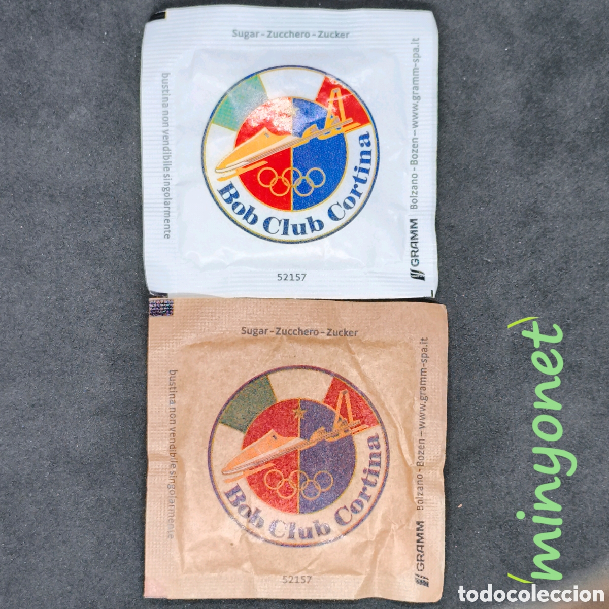 Sobres de az&uacute;car de colecci&oacute;n: Sobres az&uacute;car Gelateria Lovat Cortina d'Ampezzo - Bob Club Cortina - aros Ol&iacute;mpicos
