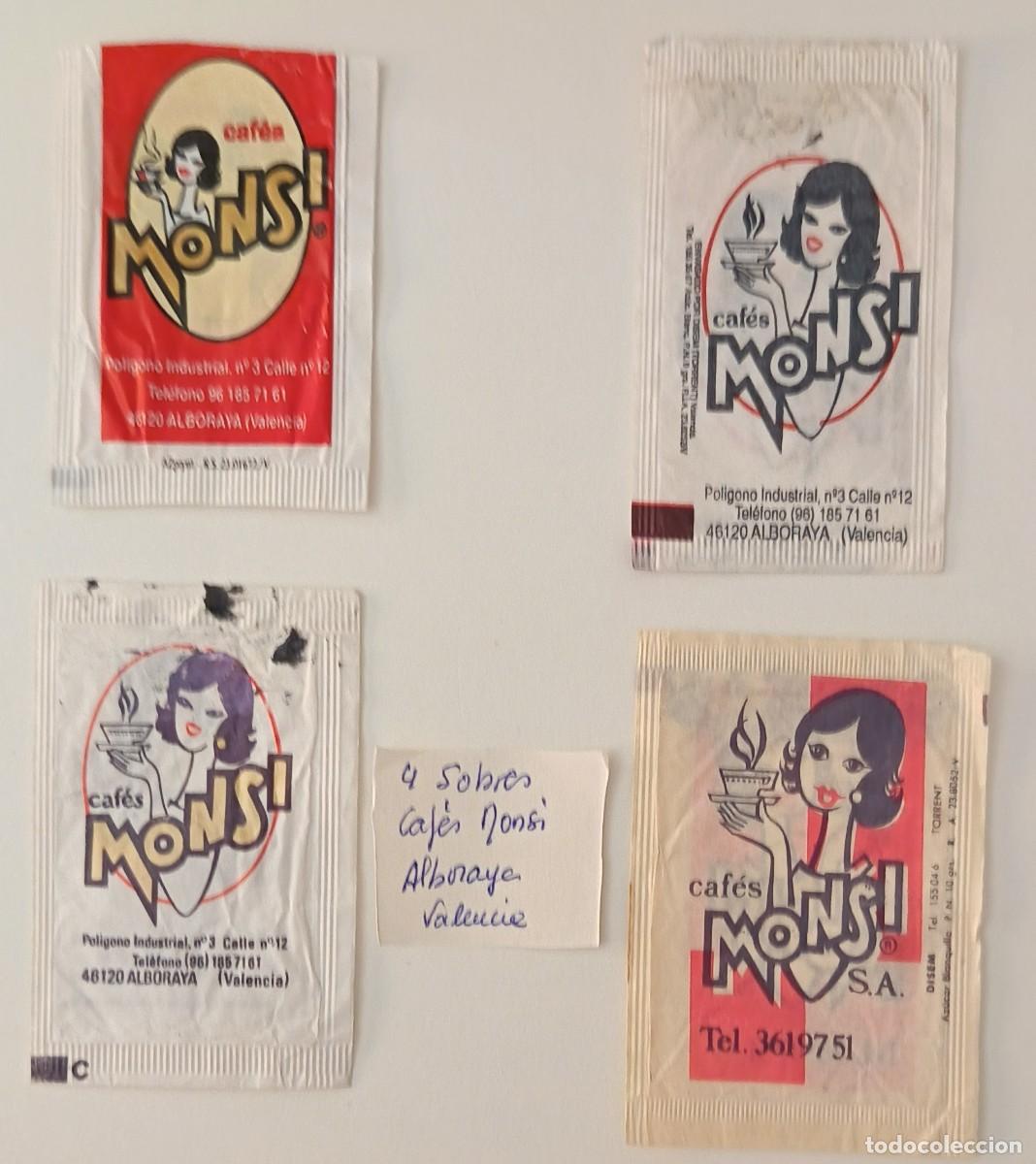 Sobres de az&uacute;car de colecci&oacute;n: Sobres de azucar. 4 Sobres de azucar. Cafes Monsi. Alboraya. Valencia. Diferentes.