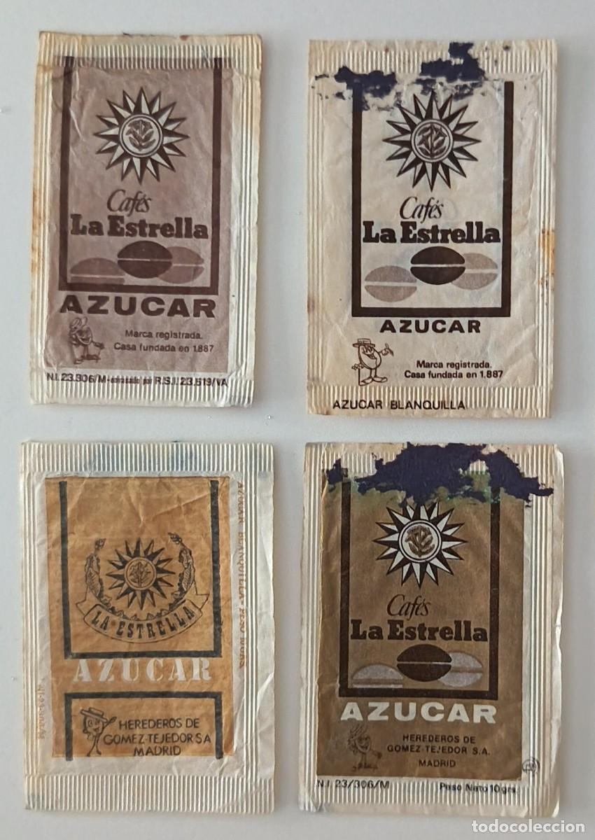 Sobres de az&uacute;car de colecci&oacute;n: Sobres de azucar. 4 Sobres de azucar. Cafes La Estrella. Madrid. Diferentes colores.