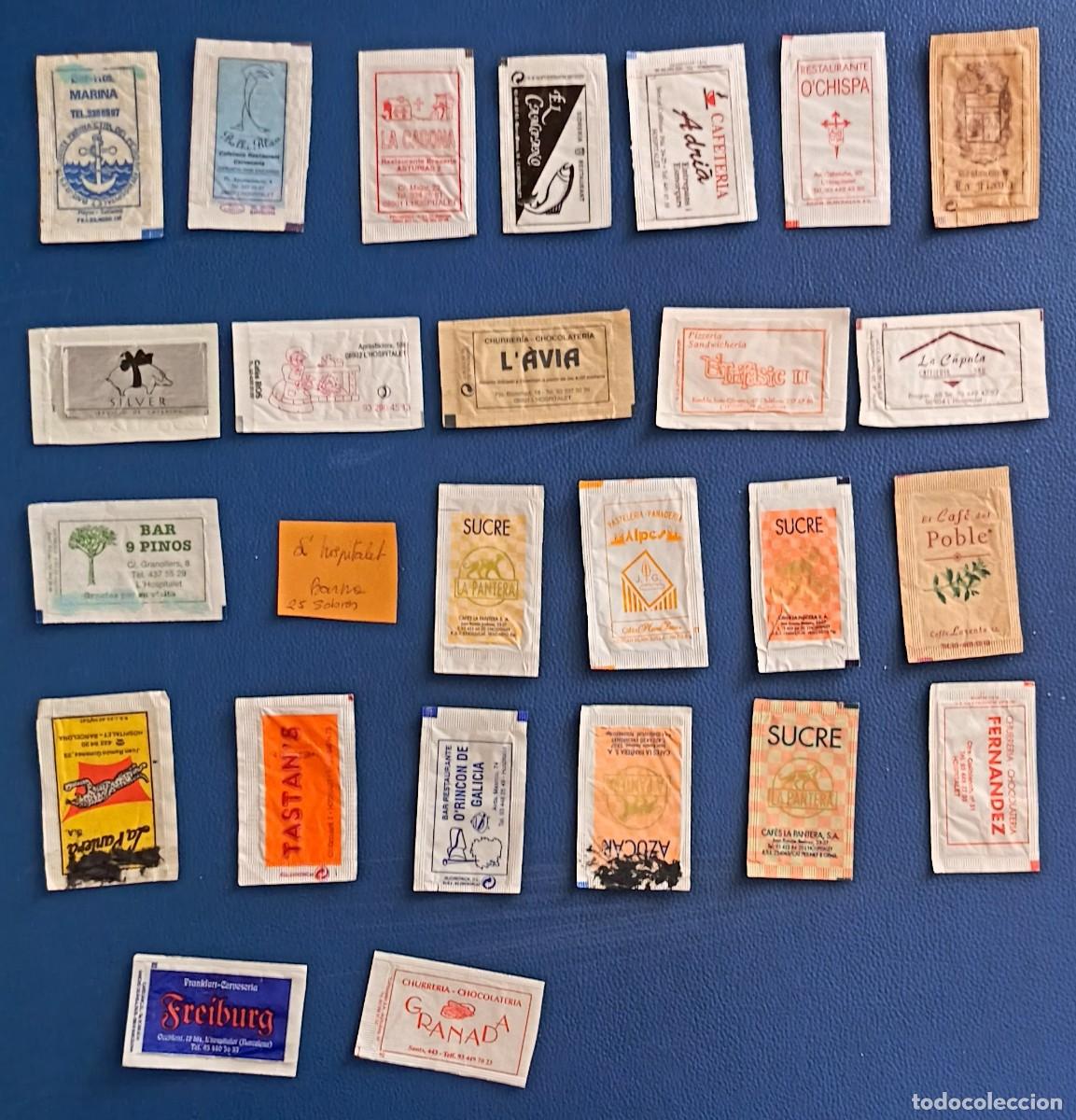 Sobres de az&uacute;car de colecci&oacute;n: Sobres de azucar. 25 Sobres de azucar de Hospitalet. Barcelona. Uno abierto como un libro.