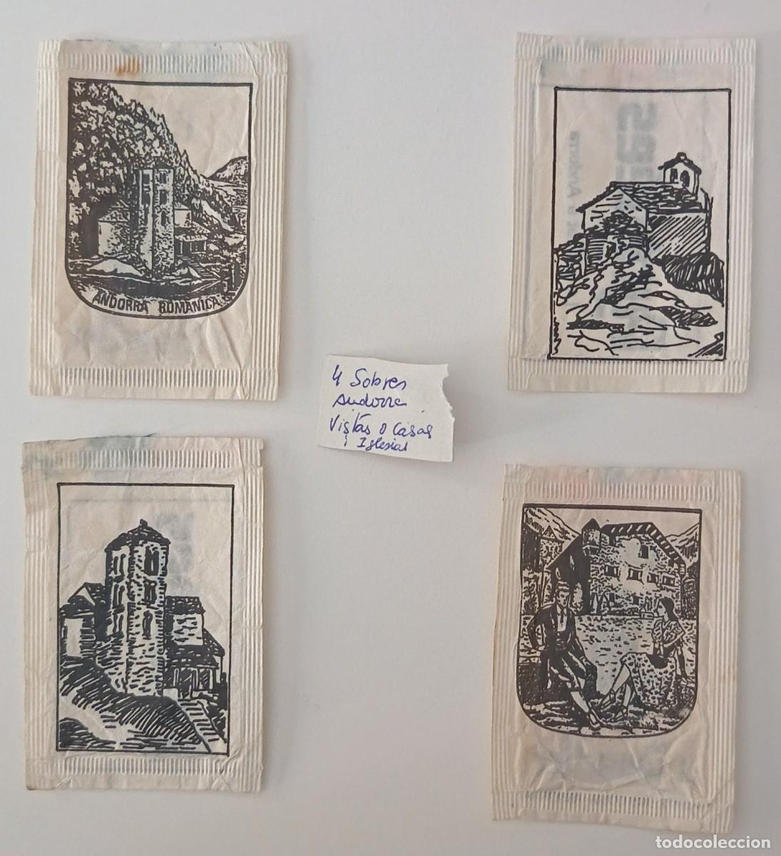 Sobres de az&uacute;car de colecci&oacute;n: Sobres de azucar. 4 Sobres de azucar. Casa tipicas e iglesias de Andorra.