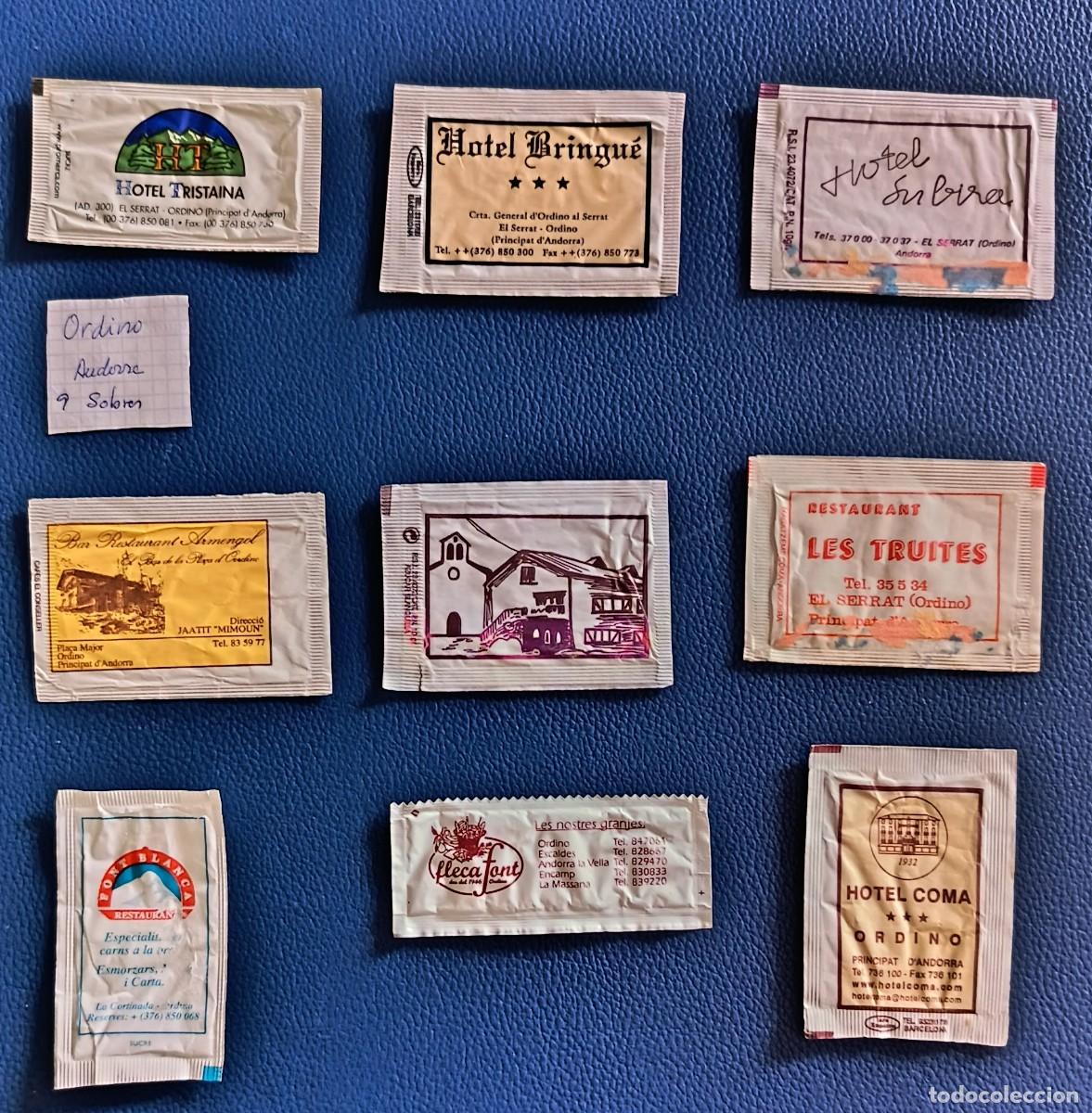 Sachets de sucre de collection: Sobres de azucar. 9 Sobres de azucar. Ordino. Andorra. Uno abierto como un libro.