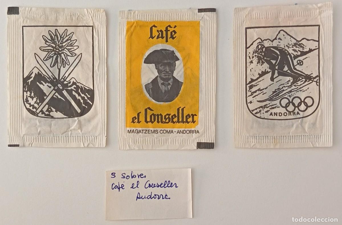 Sobres de az&uacute;car de colecci&oacute;n: Sobres de azucar. 3 Sobres de azucar. Cafe El Conseller. Andorra.