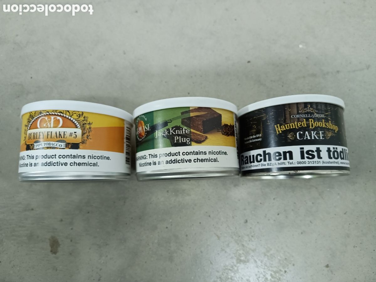 Paquetes de tabaco: 3 CAJAS DE TABACO DE PIPA - BURLEY FLAKE 5, HAUNTED BOOKSHOP CAKE, JACK KNIFE PLUG - VAC&Iacute;AS