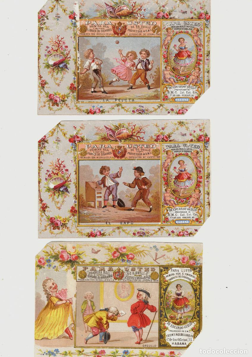 Paquetes de tabaco: 3 MARQUILLAS TABAQUERAS s.XIX Habana, Cuba. 9,5x13,5cm.
