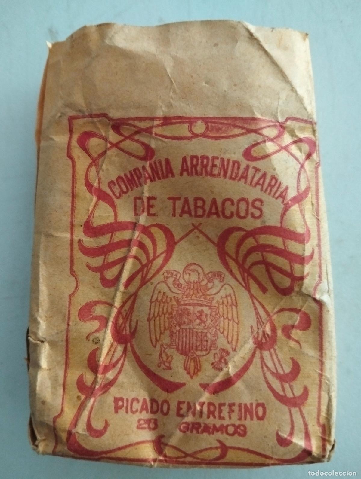 Paquetes de tabaco: PAQUETE DE TABACO VACIO, COMPA&Ntilde;IA ARRENDATARIA DE TABACOS, PICADO ENTREFINO, 25 GRAMOS