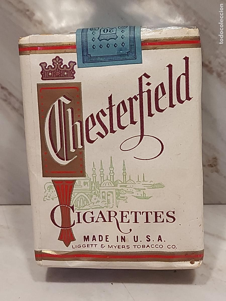 Paquetes de tabaco: ANTIGUA CAJETILLA CHESTERFIELD | LIGGETT & MYERS USA | PRECINTO TAX EXEMPT | 20 CIGARRILLOS