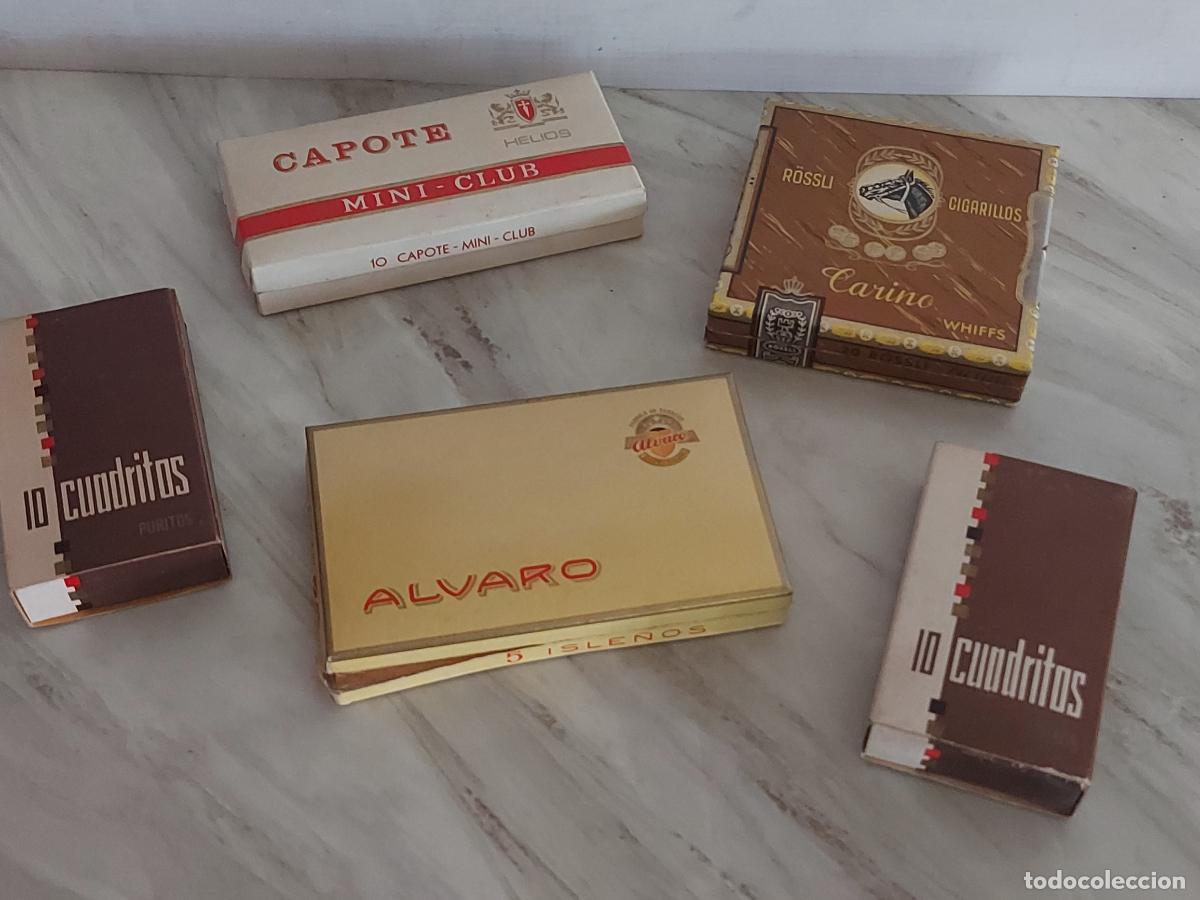 Paquetes de tabaco: LOTE 5 CAJAS ANTIGUAS DE PURITOS | CAPOTE &ndash; &Aacute;LVARO &ndash; R&Ouml;SSLI CARINO &ndash; CUADRITOS | CON CONTENIDO