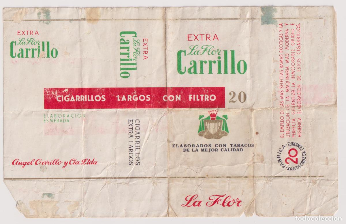 Paquetes de tabaco: ENVOLTORIO DESPLEGADO DE UN ANTIGUO PAQUETE DE CIGARRILLOS CON FILTRO - CARRILLO EXTRA - LA FLOR