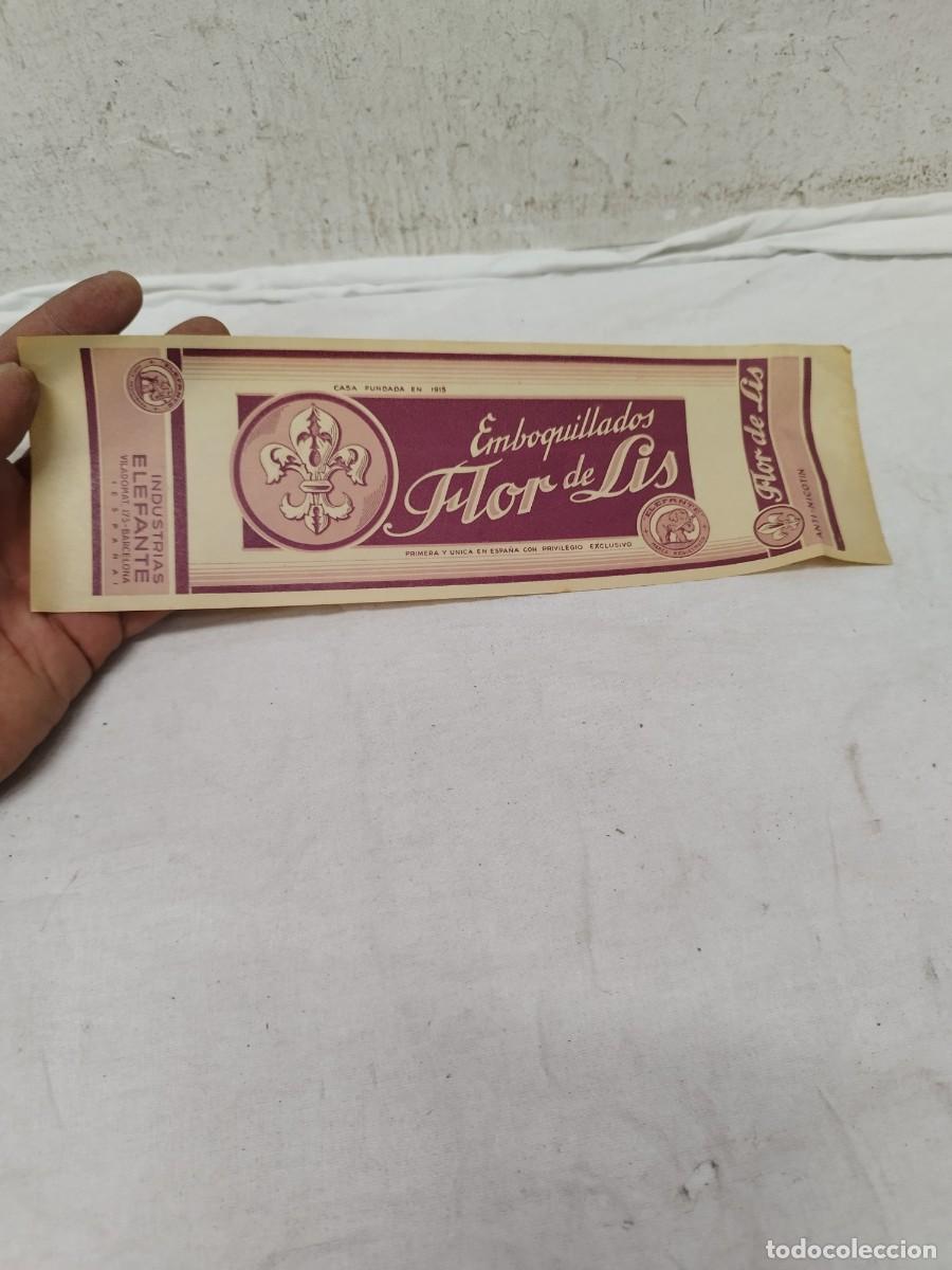 Paquetes de tabaco: Envoltorio etiqueta de paquete de tabaco &rdquo;Emboquillados Flor de Lis, Industrias Elefante, Barcelona