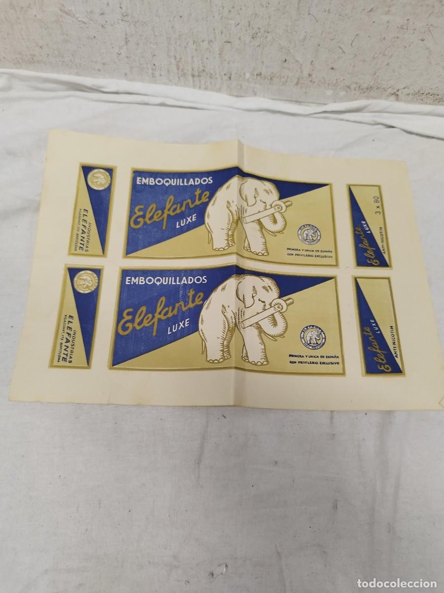 Paquetes de tabaco: Antigua etiqueta de Emboquillados Elefante Luxe, filtros o boquillas para cigarros. Barcelona.