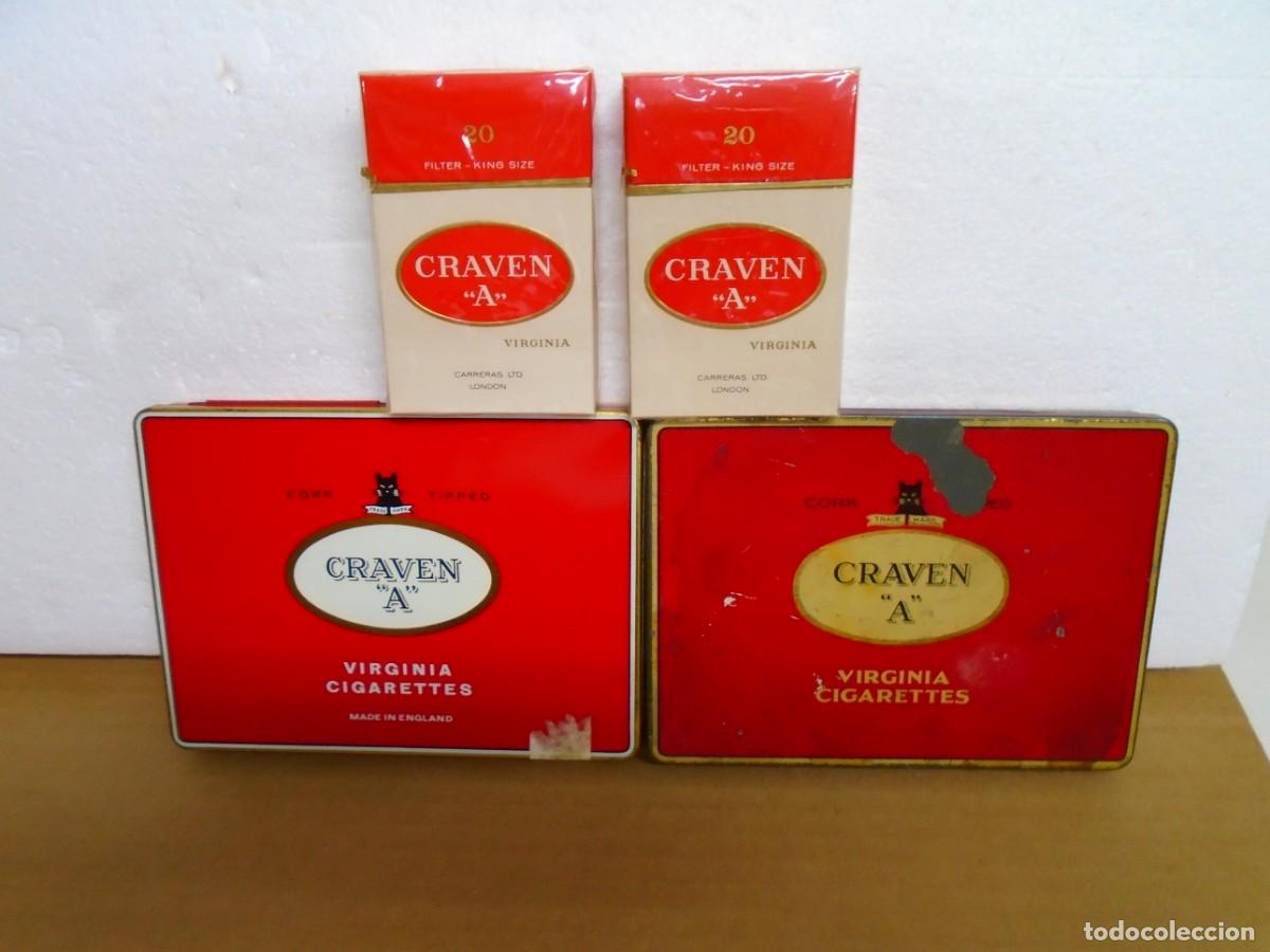 Paquetes de tabaco: CRAVEN&rdquo;A&rdquo;VIRGINIA CIGARETTES.(2)ANTIGUAS CAJAS METALICAS Y (2) PAQUETES SIN DESPRECINTAR.