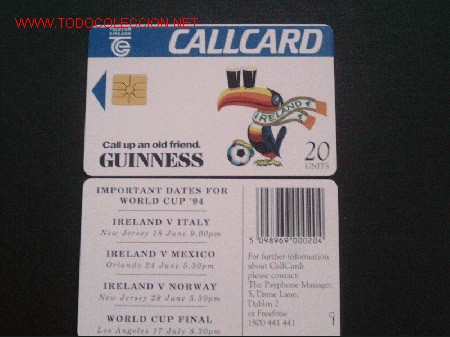 Cartes T&eacute;l&eacute;phoniques de collection: IRLANDA. CAMPEONATO DEL MUNDO DE FUTBOL 1994.MASCOTA