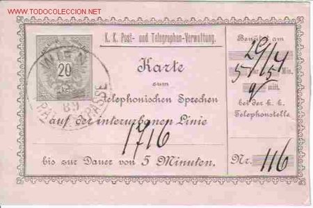 Sammlung von Telefonkarten: AUSTRIA. TARJETA PARA PAGO DE LLAMADAS TELEF&Oacute;NICAS 1889