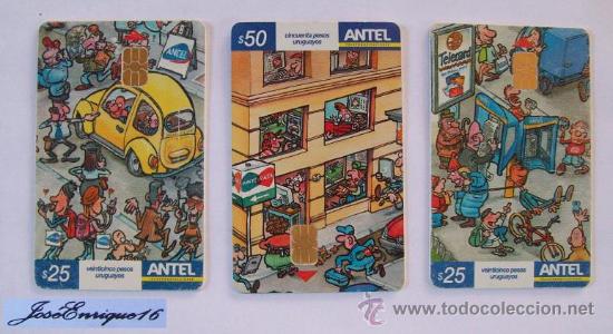 Carte telefoniche di collezione: URUGUAY PUBLICIDAD TELEFONOS PUBLICOS CELULARES Y ADSL.3 TARJETAS CON DIBUJOS.