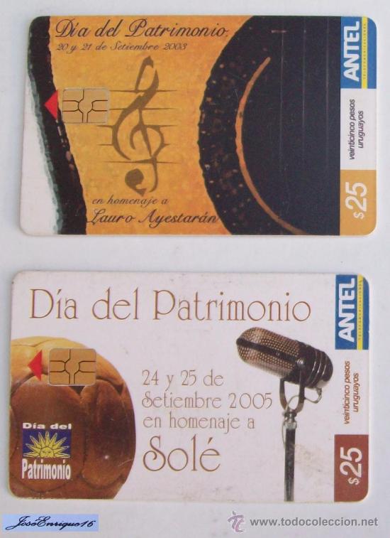 Cartes T&eacute;l&eacute;phoniques de collection: DIA DEL PATRIMONIO EN URUGUAY. DOS TARJETAS, LAURO AYESTARAN Y CARLOS SOL&Eacute;.
