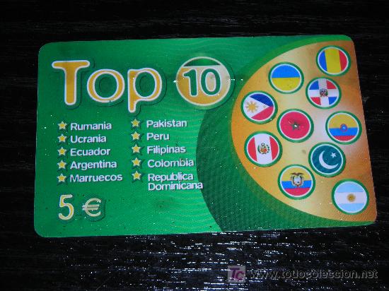 Tarjetas telef&oacute;nicas de colecci&oacute;n: Tarjeta internacional 5 euros Top 10. ENVIO GRATIS.