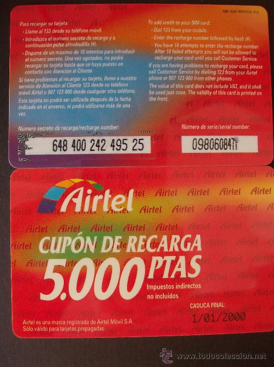 Tarjetas telef&oacute;nicas de colecci&oacute;n: CUPON RECARGA 5000 PESETAS IMPUESTOS INDIRECTOS NI INCLUIDOS, CADUCIDAD FINAL 1-01-2000