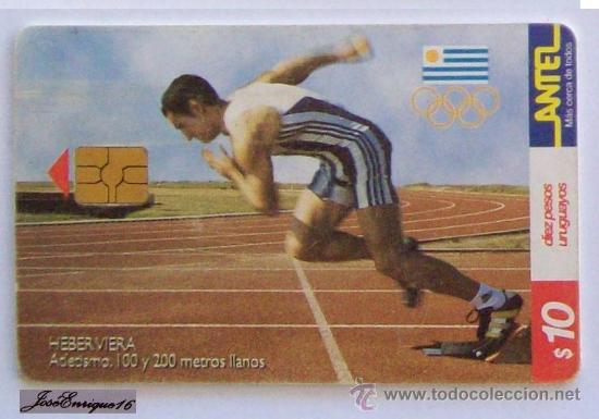 Cartes T&eacute;l&eacute;phoniques de collection: TC 133a ATLETISMO, OLIMPICO URUGUAY - Olympians - Olympiens, 100 y 200 mts. ANTEL. HEBER VIERA