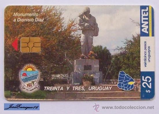 Cartes T&eacute;l&eacute;phoniques de collection: TC 376a MONUMENTO A DIONISIO DIAZ, TREINTA Y TRES, URUGUAY. QUEBRADA DE LOS CUERVOS.  ANTEL