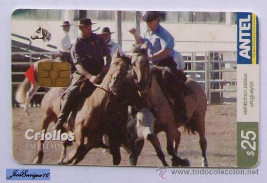 Cartes T&eacute;l&eacute;phoniques de collection: TC 387a URUGUAY. CABALLOS CRIOLLOS, PALETEADA. Creole horses, Palette. chevaux cr&eacute;oles, Palette.