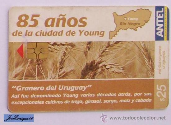Cartes T&eacute;l&eacute;phoniques de collection: TC 423a 85 A&Ntilde;OS CIUDAD DE YOUN, GRANERO DEL URUGUAY.FERROCARRIL, RAIL, 1920-2005, URUGUAY. ANTEL