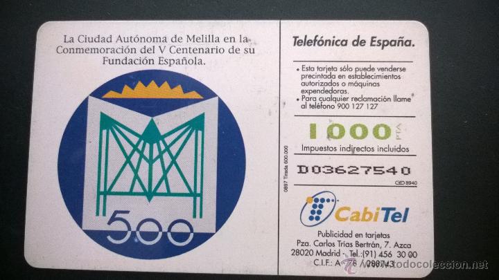 Tarjetas telef&oacute;nicas de colecci&oacute;n: TARJETA TELEFONICA V CENTENARIO MELILLA - Foto 2