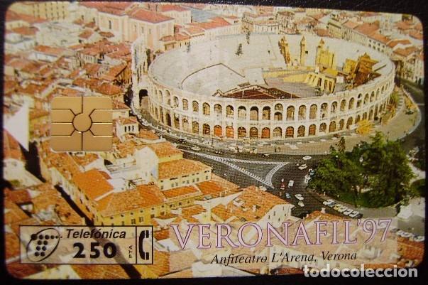 Sammlung von Telefonkarten: VERONAFIL 97 - TEATRO ROMANO DE MERIDA - P 295 - USADA 1&ordm; CALIDAD - A615