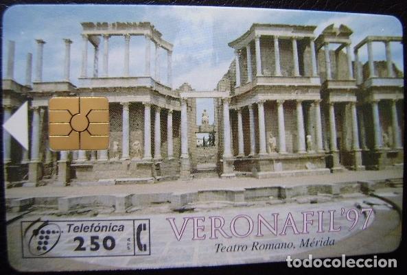 Sammlung von Telefonkarten: VERONAFIL 97 - TEATRO ROMANO DE MERIDA - P 296 - USADA 1&ordm; CALIDAD - A616