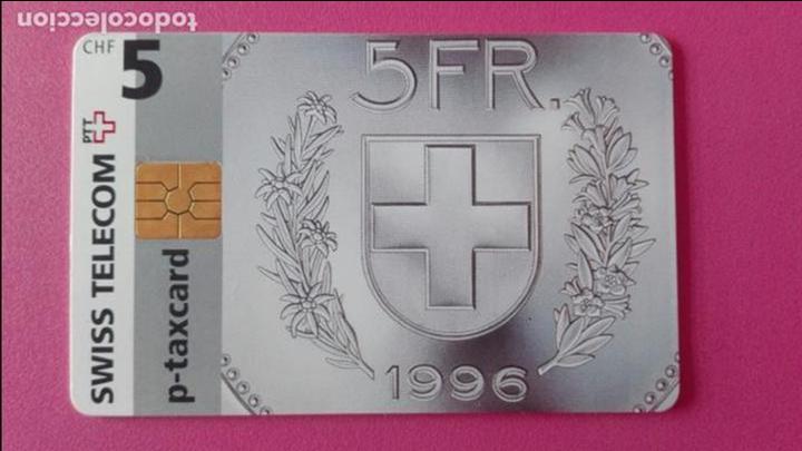 Tarjetas telef&oacute;nicas de colecci&oacute;n: TARJETA TELEFONICA SUIZA SWISS TELECOM P-TAXCARD 5 FRANCOS DIBUJO MONEDA NUMIMASTICA1998 USADA