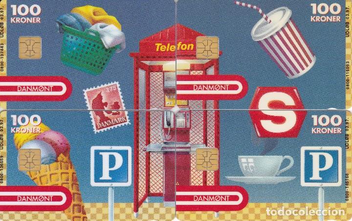 Collection telephone cards: PUZZLE DE 4 TARJETAS DE DINAMARCA DE UNA CABINA TELEF&Oacute;NICA, HELADO, ETC