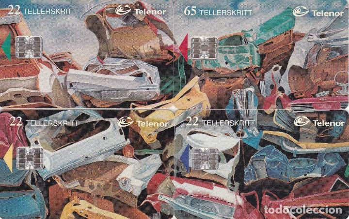 Collection telephone cards: PUZZLE DE 4 TARJETAS DE NORUEGA DE UN CEMENTERIO DE COCHES (COCHE-CAR)