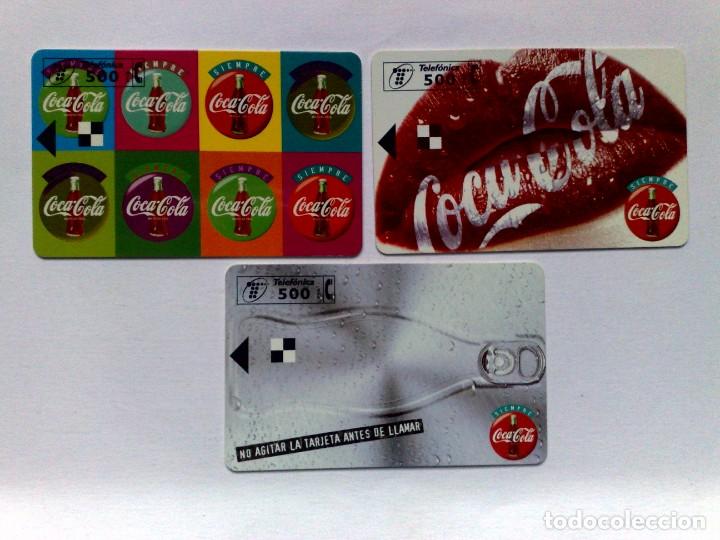Tarjetas telef&oacute;nicas de colecci&oacute;n: TARJETAS TELEFONICAS (SERIE COMPL.) DE 3 PRUEBAS DE COCA~COLA,SIN CHIP,SIN N&Uacute;MERACI&Oacute;N REVERSO.