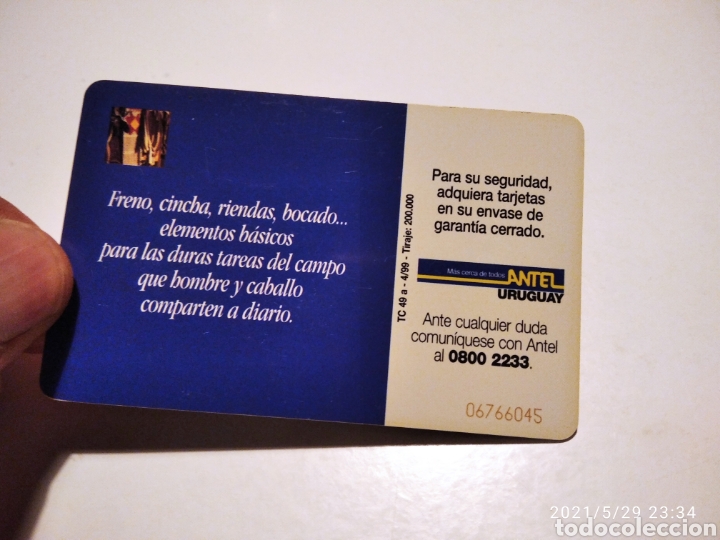 Tarjetas telef&oacute;nicas de colecci&oacute;n: Tarjeta telef&oacute;nica Uruguay elementos b&aacute;sicos caballo - Foto 2