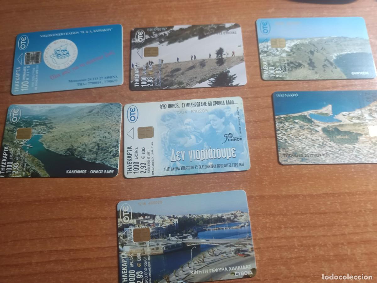 Tarjetas telef&oacute;nicas de colecci&oacute;n: 7 tarjetas telef&oacute;nicas de Grecia, con im&aacute;genes de sitios hist&oacute;ricos y paisajes.