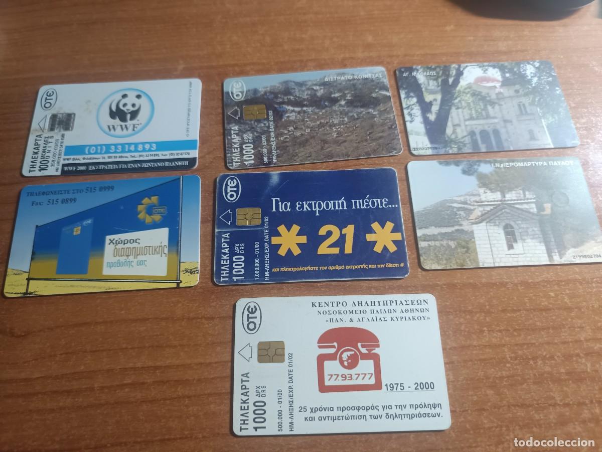 Tarjetas telef&oacute;nicas de colecci&oacute;n: 7 tarjetas telef&oacute;nicas de Grecia, con im&aacute;genes de sitios hist&oacute;ricos y paisajes.