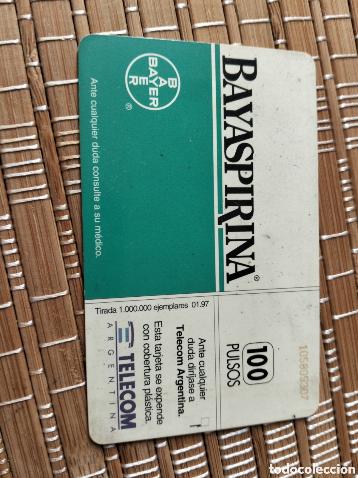 Tarjetas telef&oacute;nicas de colecci&oacute;n: Tarjeta llamadas telef&oacute;nica telecom argentina 100 pulsos 01/1997 bayer bayaspirina